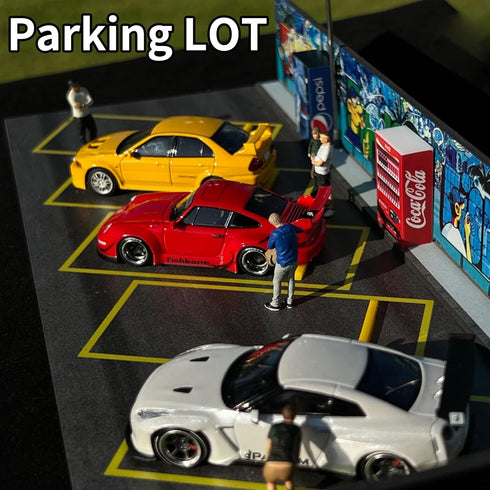 Hotwheels Display Case 1/64, Scenic Diorama Car Park with LED Lights, Model Display Case for 5 Parking Spaces