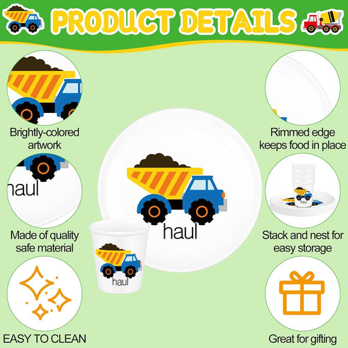 Yiyiring 4 Sets Set Construction Truck Plates with Cups for Kids Toddlers Fun Construction Truck Eating Utensils Drop