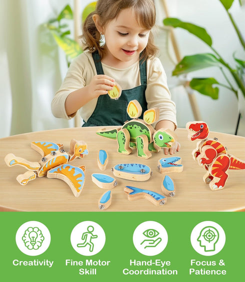 Playset, 3 4 5 6+ Dinosaur Wooden Toys,Snap on Dino Together Building Blocks,Take Apart STEM Montessori Educational