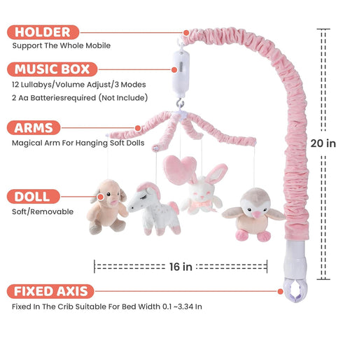 12 JOLLITO Crib Mobile for Girls, Soft Pink Musical Baby Crib Mobile with Lullabies, Rotating Arm and Detachable Plush