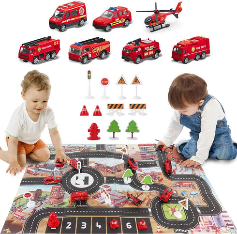 Dwi Dowellin Airplane Toy with Fire Truck Cars and Play Mat - Lights and Sounds for 3+ Years Old
