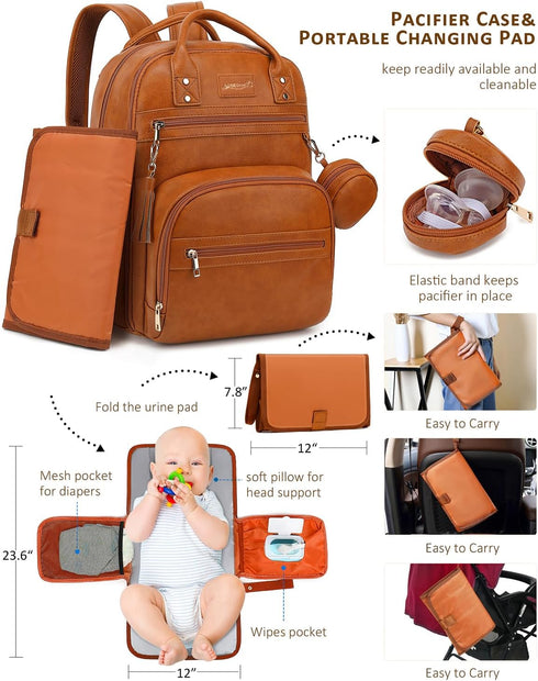 Backpack 20 15.6" ROSEGIN Premium Vegan Leather Diaper Bag with Waterproof Changing Pad, Reinforced Zippers
