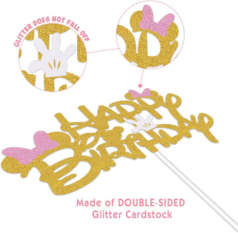 Pink And Gold Glitter Minnie Inspired Happy Birthday Cake Topper with Pink Bows and White Gloves for Girls Birthday