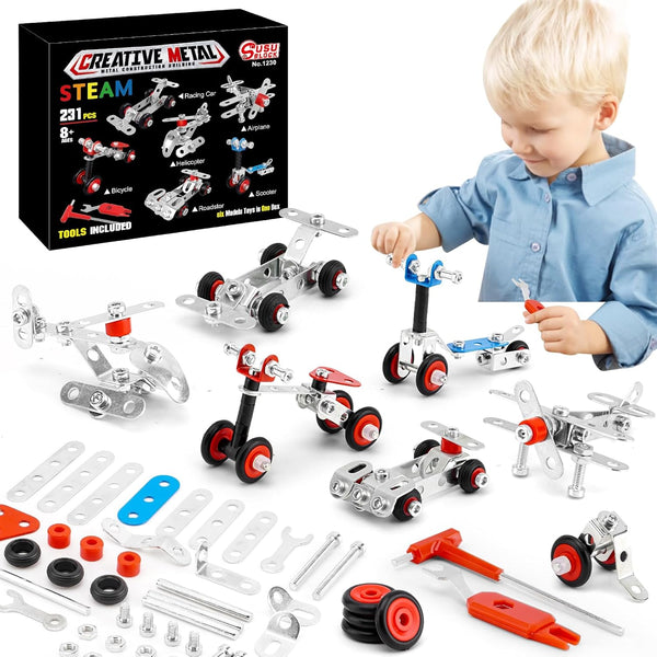 Cars & Airplane Metal Model Set - 231 PCS Building Kit Model, 6 Models Metal STEM Project Building Toys for Ages 8-12