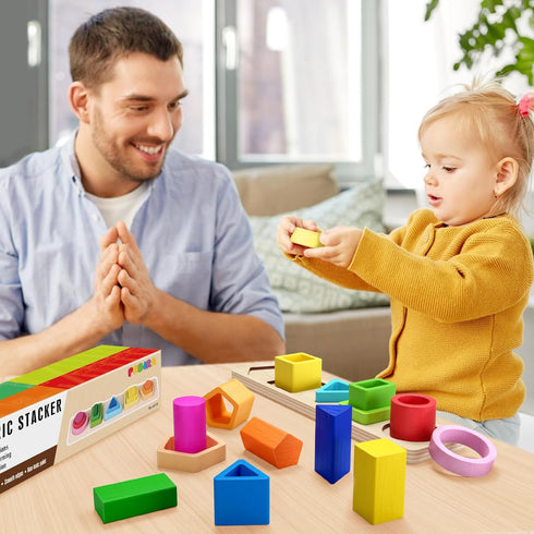 1 2 3 1-4 PEBIRA Montessori Toys for Year Old Boys Girls Toddlers, Heightened Peg-Free Wooden Stacking Toys, Shape
