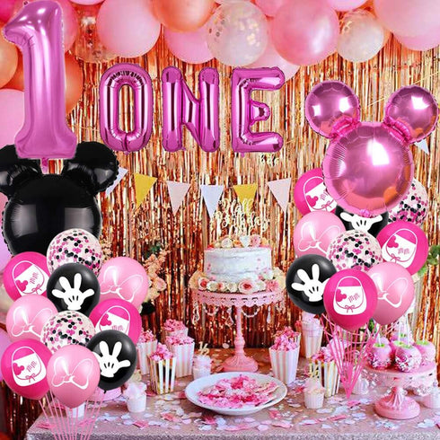 Pink and Black First Birthday Balloons, Girls First Year Banner, 1st Birthday Baby Shower Party Supplies