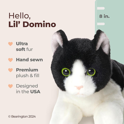 8" Bearington Lil Domino Tuxedo Cat Plush - Realistic Black and White Stuffed Animal with Soft Fur and Lifelike Details