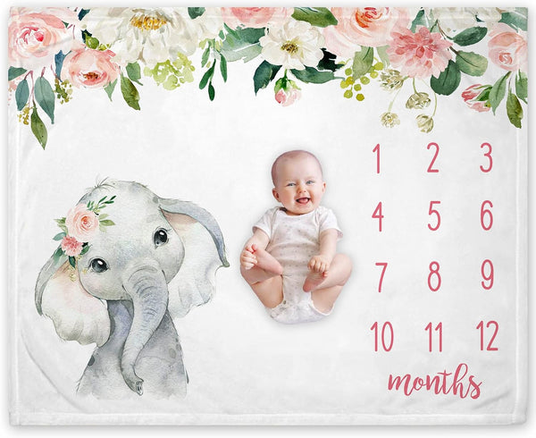 Floral Elephant Baby Monthly Milestone Blanket, Soft Fleece Jungle Elephant Girl's Blanket, Includes Marker (White,