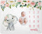 Floral Elephant Baby Monthly Milestone Blanket, Soft Fleece Jungle Elephant Girl's Blanket, Includes Marker (White,
