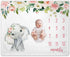 Floral Elephant Baby Monthly Milestone Blanket, Soft Fleece Jungle Elephant Girl's Blanket, Includes Marker (White,