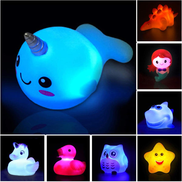 Bath Toys 8 Pack - Light Up Floating Rubber Animals with Color Changing Light for Baby Kids Toddler Bathtub Games