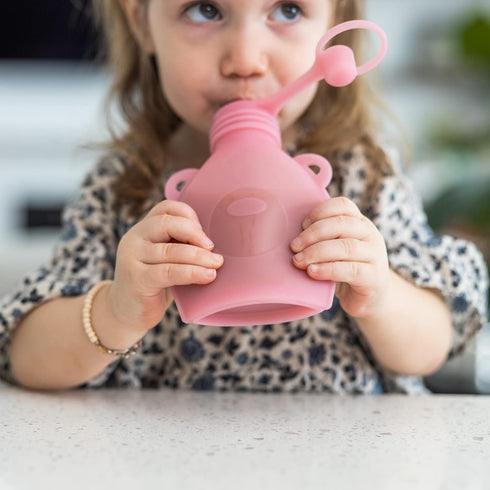 Reusable Baby Food Pouches, 5oz Leakproof Squeezy Self Feeding Toddler Sippy Cup with Straw, Pink, 2 Pack
