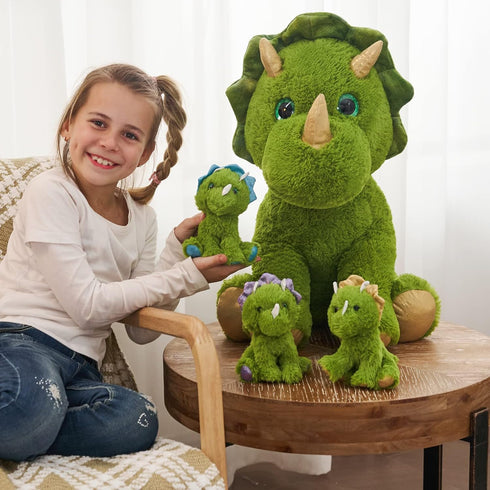 Muiteiur Giant Triceratops Stuffed Animal with 3 Baby Dinosaurs - Green Plush Toy Gift for Kids, 24.5 inch