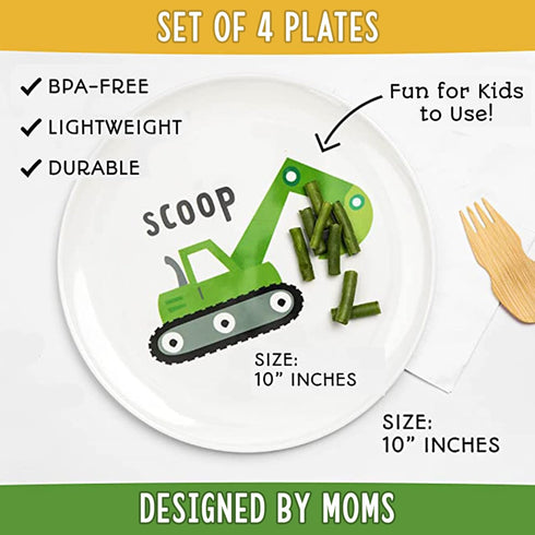 Set 4 Bulldozer, Tiny Expressions - Construction Plates for Toddlers - of Melamine Plates for Kids - Excavator, Cement