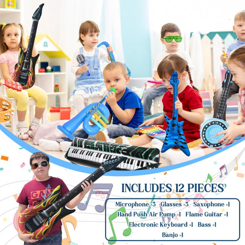 Inflatable Rock Star Toy Set - 12 Pack of Inflatable Instruments for 80s 90s Party Decorations