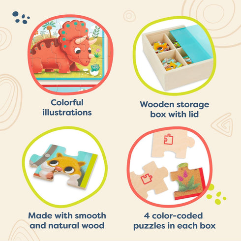 B. toys Pack o' Puzzles 2-Pack, Pets & Dinos Wooden Puzzle Box Set, 12-Piece Jigsaw Puzzles for Kids 3 Years +