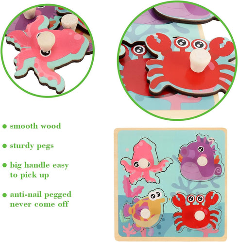 Wooden Peg Puzzles for Toddlers 1-3, Kids' Educational Preschool Peg Puzzle Toy, Set of 4 Toddler Puzzles - Farm, Dinosaur, Fruit and Marine Animals, Ideal Gift for Ages 1 2 3 Boys and Girls