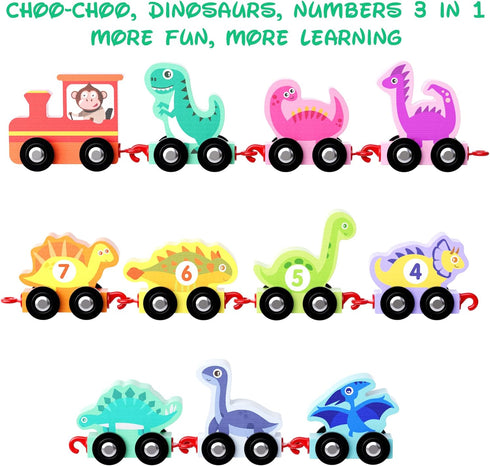 HELLOWOOD Dinosaur Toys for Toddlers Age 2-4, Wooden Dinosaur Train Set with Playmat and Storage Bag