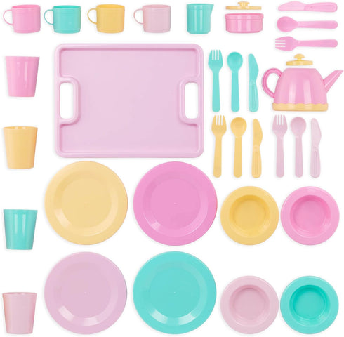 Set 3+ Years(34 Battat Play Circle Dish Plates, Cups, and Tea Party Toys Kitchen Toys for Toddlers Pretend Play Pieces)