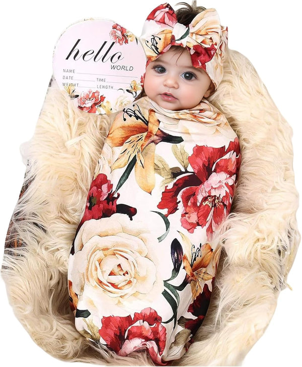 Galabloomer Baby Girl Newborn Receiving Blanket with Headband Set Baby Swaddle Nursery