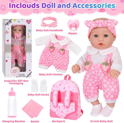 12" Backpack Box,12 Inch 3+ DONTNO Baby Doll with Carrier in Gift Realistic Baby Dolls with Clothes and Accessories,Toy