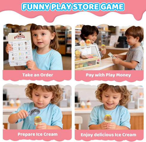 Minnot 32 Set Counter 3 4 5 6 7 8 Wooden Ice Cream Toys pcs Pretend Ice Cream Play with Scooper, Menu, Fake Money