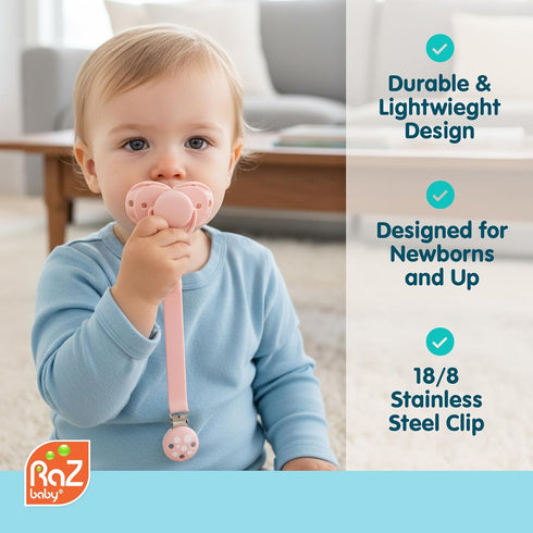 Set 2 Pack 0M+, 2 Pack RaZbaby Chompy Silicone Pacifier Holder Clip Textured, Soft & Flexible Binky Clips