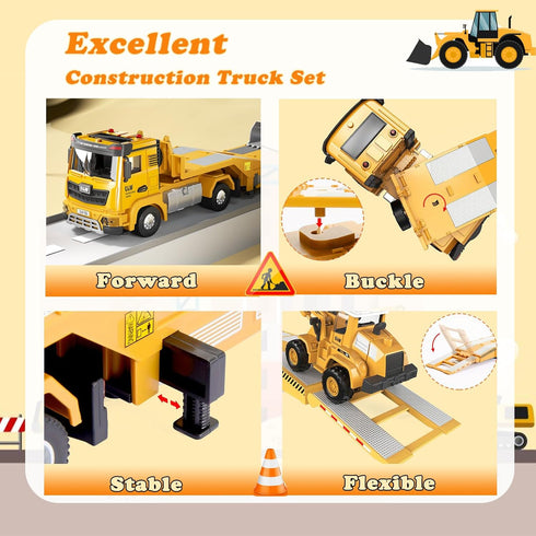 Set Bulldozer 3-7 Alloy Die-Cast Construction Vehicles Toys w/Semi Truck, Excavator & - Real Lights & Sounds, Movable