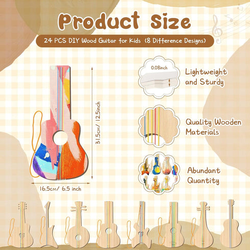 Syhood 24 Pcs DIY Wood Guitar Cutouts for Kids - Bamboo Musical Instrument for Crafts Class and Birthday Parties