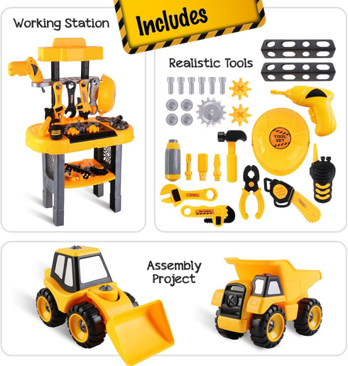 Toddler Workbench and Tool Set with 2 Take Apart Trucks, 2 in 1 Construction Toy for Ages 2-5
