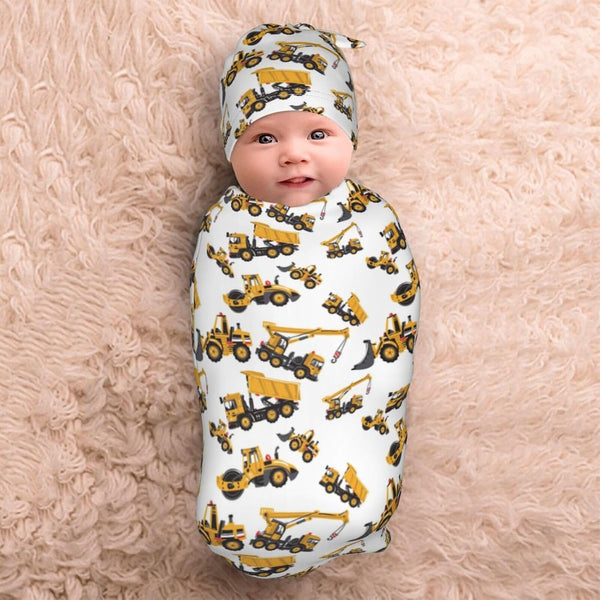Broiteid Set Construction Machinery Excavator Truck Tractor Newborn Swaddle Blanket Baby Stuff Baby Blanket with Beanie