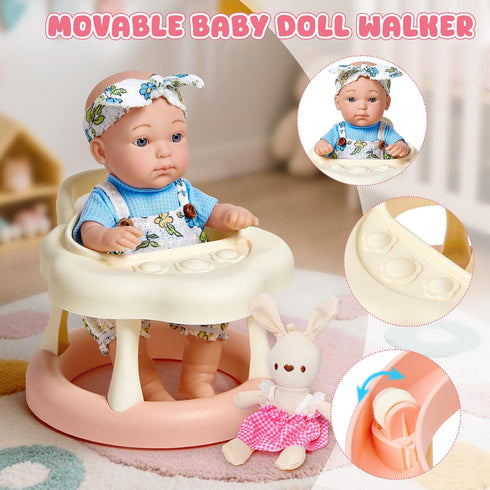 Cleboen Set 9'' 2 Sets 3 4 5 6 Baby Doll Accessories for Girls, Baby Doll with Clothes Doll Walker Chair Feeding Bottle