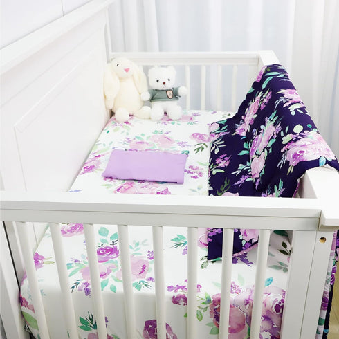 4 Set TANOFAR Piece Crib Bedding for Girls, Purple Flower Quilt, Crib Skirt, Diaper Stacker, Soft Microfiber Comforter