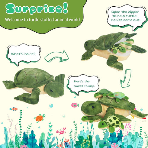 5 12" Mommy 4 PCS Sea Turtle Stuffed Animals with Babies, Stuffed Turtle Plush Toy with Babies Turtles Inside, Big