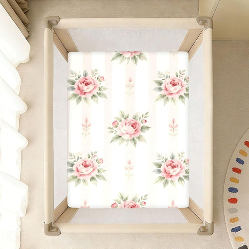 CZXW 52" 28" Pink Roses Stripes Crib Sheets Fitted x Natural Cotton Soft & Breathable for Baby Crib Mattress