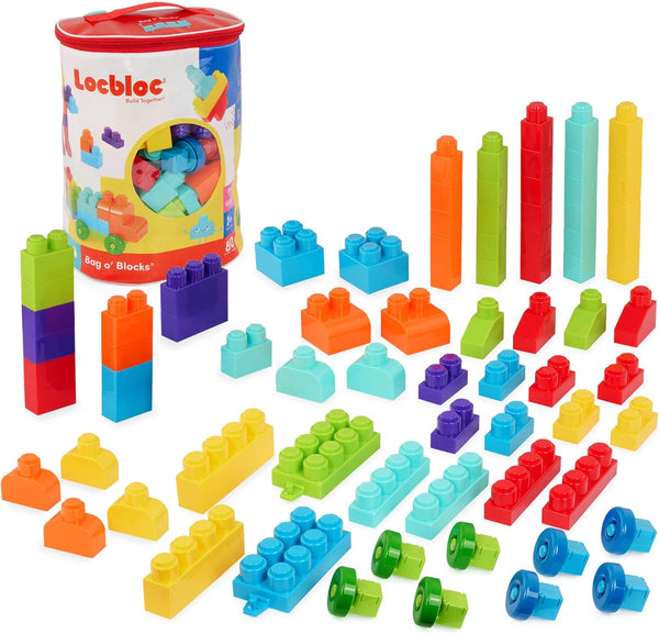 Battat Large Building Blocks Set, 80 Colorful Pieces with 8 Wheel Bricks and Zippered Storage Bag, 12 Months +