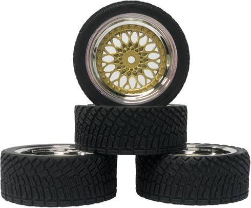 4PCS 65mm RC Rally Car Rubber Tires and Plastic Plating Wheel Rims Set for 1/10 RC On-Road Racing Car (Gold Silver)