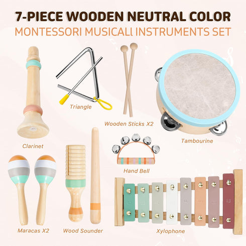 LeeQee 1 2 3 Set 3+ Montessori Toys for Year Old - Wooden Toys Baby Musical Instruments, Neutral Colors Percussion