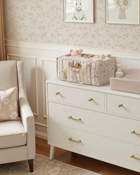 Blissful Diary Floral Diaper Caddy Organizer, Stylish Nursery Storage Basket, Gift for Baby Shower, Newborn Essentials