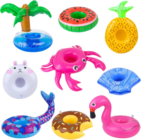 9Pcs Doll Swimming Pool Inflatable Float, Flamingos, Donuts, Pineapples, Shells, Crabs, Rabbit Drink Holder