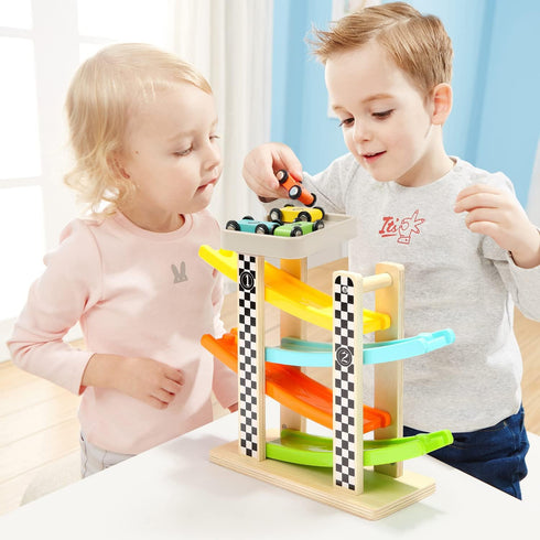1 2 4 Toddler Toys for Year Old Boy and Girl Gifts Wooden Race Track Car Ramp Racer with Mini Car