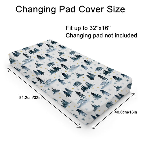 Woodland Bear Snow Forest Changing Pad Cover Watercolor Bear Paws Trees Change Table Pad Cover for Baby Boys Girls Soft Breathable Stretchy Snug Fitted Diaper Changing Mat Sheets 32''x16''