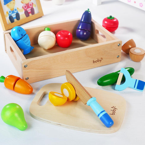 Set Playset Dailyfunn Wooden Pretend Play Foods for Kids Kitchen Montessori Cutting Toys with Storage Box