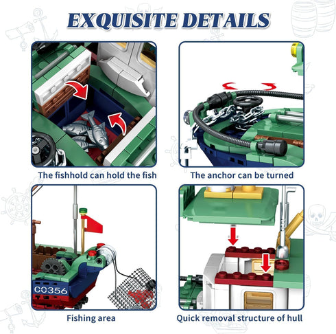 WVINVW Sets, Set 6-12 582 Fishing Boat Building Blocks Boat Sea Fishing Building Blocks Toy Collection Decoration