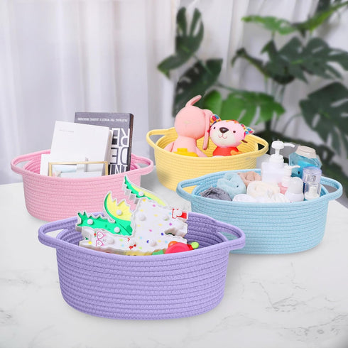 ABenkle Small Woven Basket, 12"x 8" x 5" Cute Rope Storage Basket for Cat Dog Toys, Decorative Gift Basket (Blue)