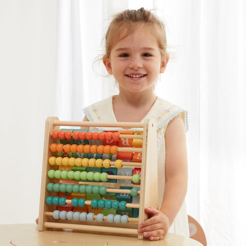 18M+, FReniland Wooden Activity Cube - Double-Sided Abacus & Alphabet Flip Tiles for Toddlers Educational Learning Toy