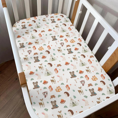 ZoUbqchY 52x28In 2 Pack Camping Animals Baby Crib Sheets for Boy Girl Bear Deer Raccoon Squirrel Bunny Hedgehog Owl