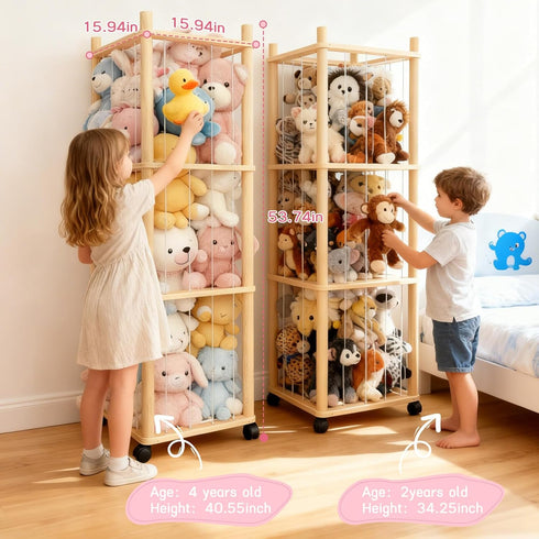 Stuffed Animal Zoo Storage - Sturdy Solid Wood Toy Organizer with Lockable Wheels, Easy-Assemble/Clean, Large Capacity