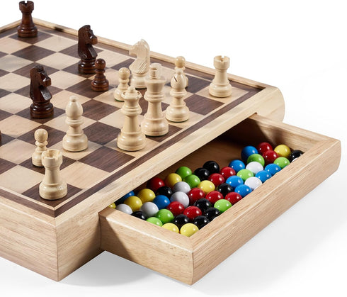VAMSLOVE 13" Chess Chinese Checkers 2 in 1 Wooden Board Game Set with Pieces Storage Drawer, Bonus Marbles for Birthday