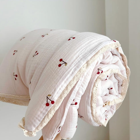 1 47x59 Inches, BuLuTu Piece Baby Toddler Muslin Quilt Blanket Crib Comforter Cute Cherry Print Quilted Blankets